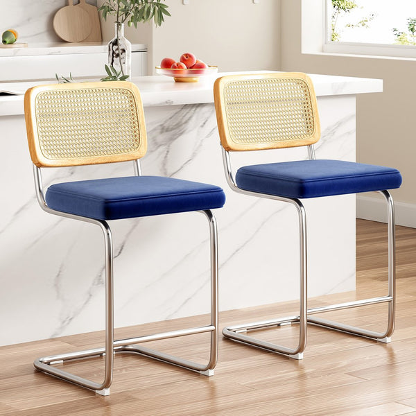 English Elm Farini Velvet Counter Height Bar Stools Set of 2 with Rattan Back, Cantilever Comfort & Floor Protectors Blue T3623P354968