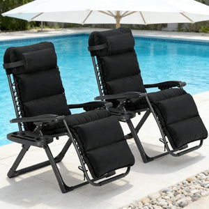 English Elm Reclining Folding Outdoor Lounge Chairs Set of Two with Cushions and Side Tray T3971P445296
