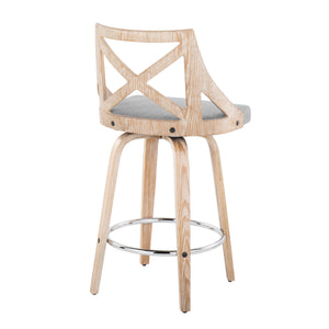 English Elm Charlotte Farmhouse Counter Stool 26" Fixed-Height Swivel Seat with X-Back, White Wash Wood, Upholstered Comfort, Set of 2 Grey B202S00180