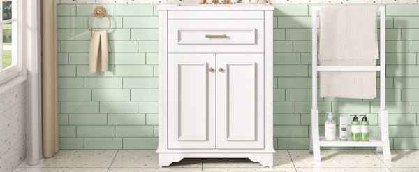 English Elm 24" Matte Single Sink Vanity Solid Poplar Frame Gold Hardware Soft Close Cabinet White N710P389449K
