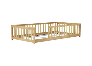 English Elm Twin Size Rubberwood Floor Bed with Safety Fence for Toddler Rooms Natural Finish W504P370528