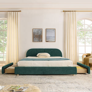English Elm Queen Platform Bed Curved Headboard Circle Yarn Fabric with Four Wheeled Storage Drawers Green W487S00478