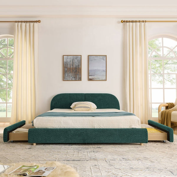 English Elm Queen Platform Bed Curved Headboard Circle Yarn Fabric with Four Wheeled Storage Drawers Green W487S00478