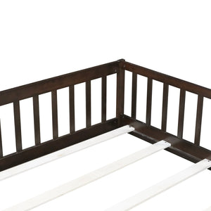 English Elm Full Size Rubberwood Floor Bed with Safety Guardrails and Latching Door for Toddlers Espresso W504P429302