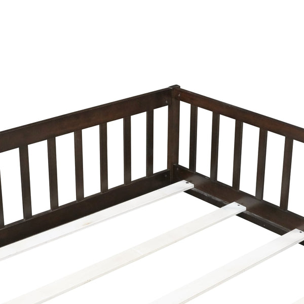 English Elm Full Size Rubberwood Floor Bed with Safety Guardrails and Latching Door for Toddlers Espresso W504P429302