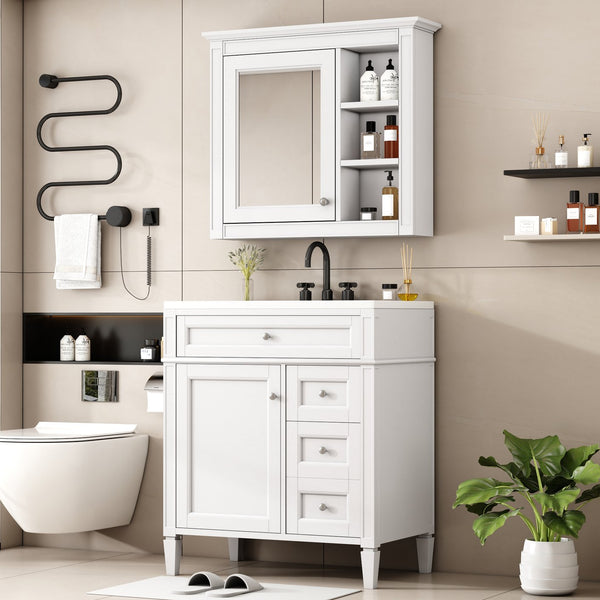 English Elm 30'' Modern Bathroom Vanity Set With Ceramic Sink & Mirror Cabinet - Stylish Storage Solution! SW000127AAK-1