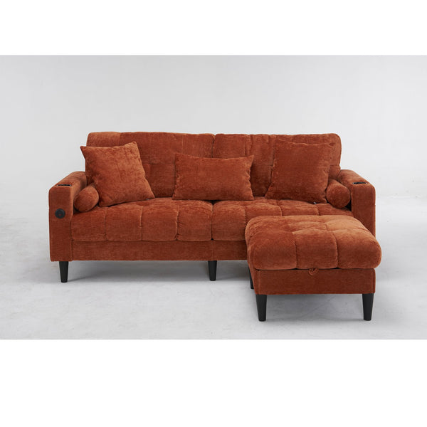 English Elm 3 Seat L Shaped chenille Sofa with Removable Storage Ottoman, USB-C & USB Ports, Cup Holders, Cozy Comfort Orange W2606P265177
