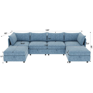 English Elm Modular Sectional Sofa with Under Seat Storage Converts to Sleeper for Living Room Antique Blue W680S00142