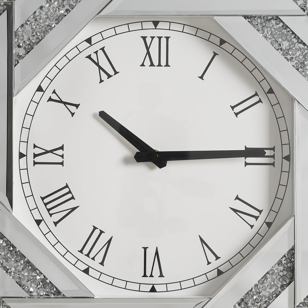 English Elm 20" Silver Mirrored Wall Clock with Roman Numerals, Beveled Art Deco Star Design, Elegant Home Decor W1005P362477