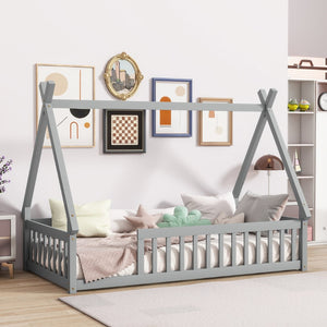 English Elm Twin Tent-Shaped Floor Bed With Guardrails, Grey Teepee Design For Safe Playful Sleep & Comfort W504P345774-GIGA