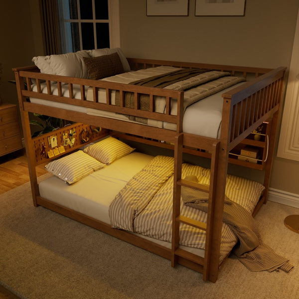 English Elm Full Over Bunk Bed with Led Lighting Pegboard Shelving and Pine Wood Frame Brown LT000278AAP