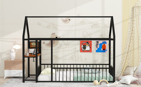 English Elm Twin House Bed Frame with Roof & Fence, Metal Twin Loft with Built-In Desk Shelves USB Outlets Black N737P173490B