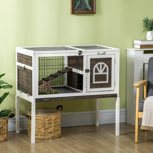 English Elm Pawhut Fir Wood Indoor Rabbit Hutch Elevated Pet Cage with Run Ramp and Tray W2225P173742