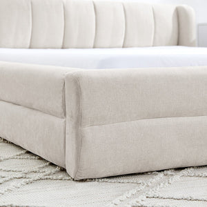 English Elm Queen Upholstered Bed Frame In Chic Beige Chenille - Solid Platform Design With Integrated Headboard W487S00326-GIGA