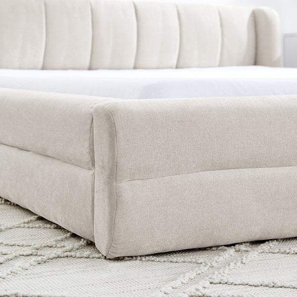English Elm Queen Upholstered Bed Frame In Chic Beige Chenille - Solid Platform Design With Integrated Headboard W487S00326-GIGA