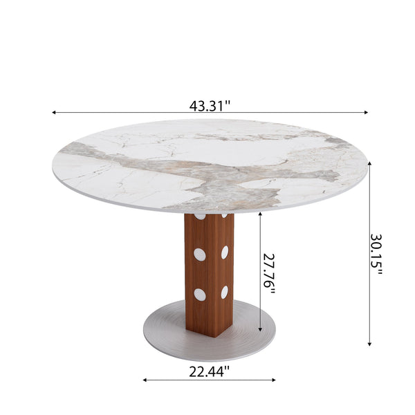 English Elm 2-4 Farmhouse Round Solid Wood Dining Table with Sintered Stone Top, Walnut & White, Durable Design T3833S00063 T3833S00063