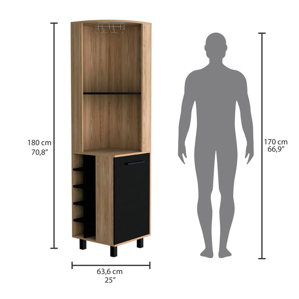 English Elm Kaia 70" Tall Corner Bar Cabinet with 10 Wine Cubbies, Stemware Rack & 4 Shelves in Black Pine B070S00254