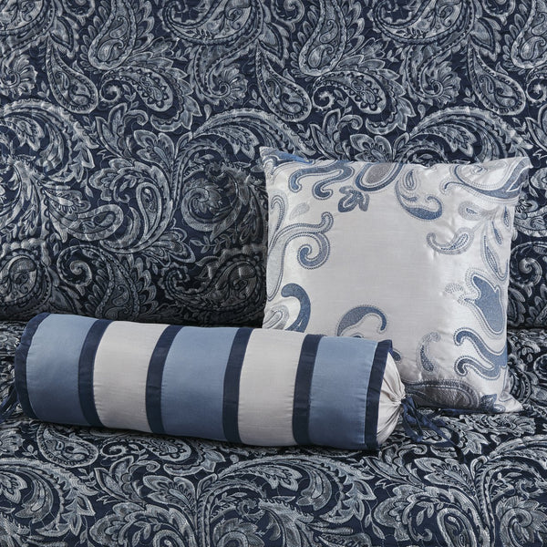 English Elm 5 Piece Aubrey Reversible Jacquard Bedspread Set King with Paisley Motif, Gold Sheen, Quilted Elegance Navy 22.83 L x 18.11 W x 7.48 H B03597644
