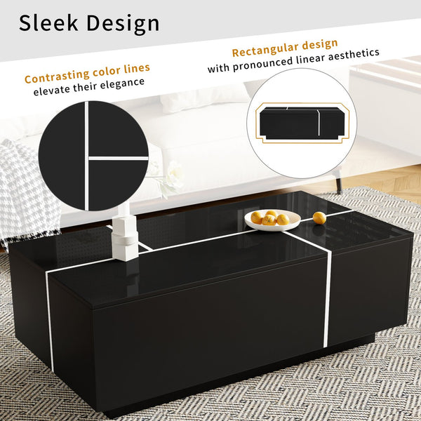 English Elm U-Can Extendable Coffee Table with Hidden Side Compartments and Dual Drawers, High-Gloss MDF Elegance Black N724P292070B
