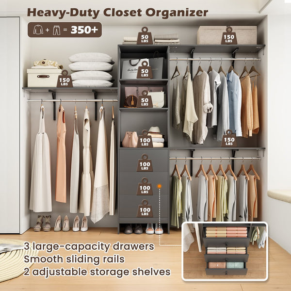 English Elm Closet Organizer - Stylish High-Capacity Wardrobe Rack With 3 Drawers & Expandable Hanger Rods, 1000 Lb Support T3623P409121