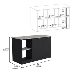 English Elm Kitchen Island With Spacious Countertop, Open Shelves & Double Door Storage - Modern Black/Onyx Design B097S00184
