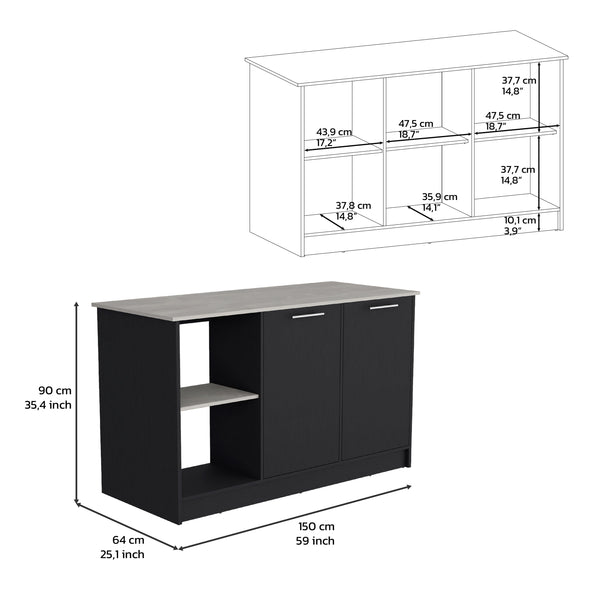 English Elm Kitchen Island With Spacious Countertop, Open Shelves & Double Door Storage - Modern Black/Onyx Design B097S00184