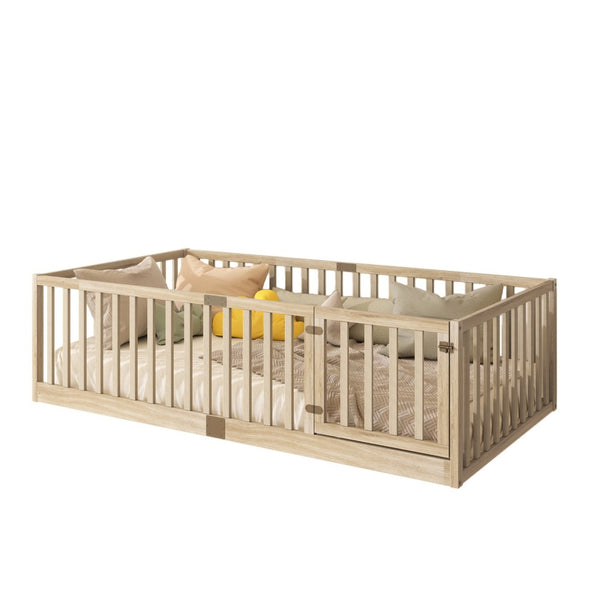 English Elm Twin House Frame Floor Bed Rubberwood with Roof Canopy and Safety Rails for Kids Natural W504P429539