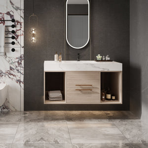 English Elm 39.4'' Floating Bathroom Vanity with Ceramic Sink and Sintered Stone Top, Wall-Mount Modern Design White + Light Oak W3136S00003
