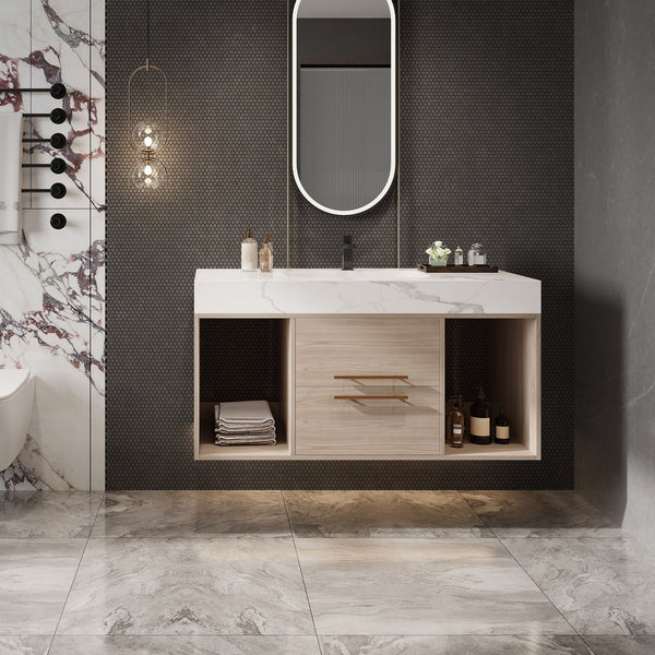 English Elm 39.4'' Floating Bathroom Vanity with Ceramic Sink and Sintered Stone Top, Wall-Mount Modern Design White + Light Oak W3136S00003