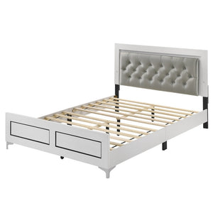 English Elm Contemporary Queen Platform Bed with Gray PU Tufted LED Headboard and Chrome Legs for Modern Bedrooms White 82 L x 29 W x 10 H B2741P405687