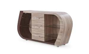 English Elm TONY Buffet in Brown Beige Oak Finish – Contemporary Solid Wood & MDF Sideboard with Glass, 3 Drawers, Open Shelves and Spacious Storage B201P215785