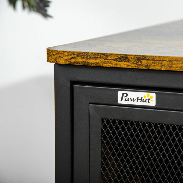 English Elm PawHut Stylish Cat Kennel End Table with Sliding Doors, Steel & Wood Look Pet House with Cushion Brown W2225P173765