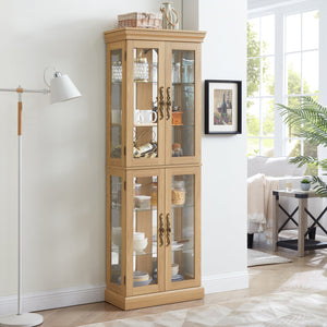 English Elm Lighted Glass Curio Display Cabinet with Quiet Hinge, Internal LED Lighting, Adjustable Shelves, Vintage Carved Handle Light Oak W2275P199811