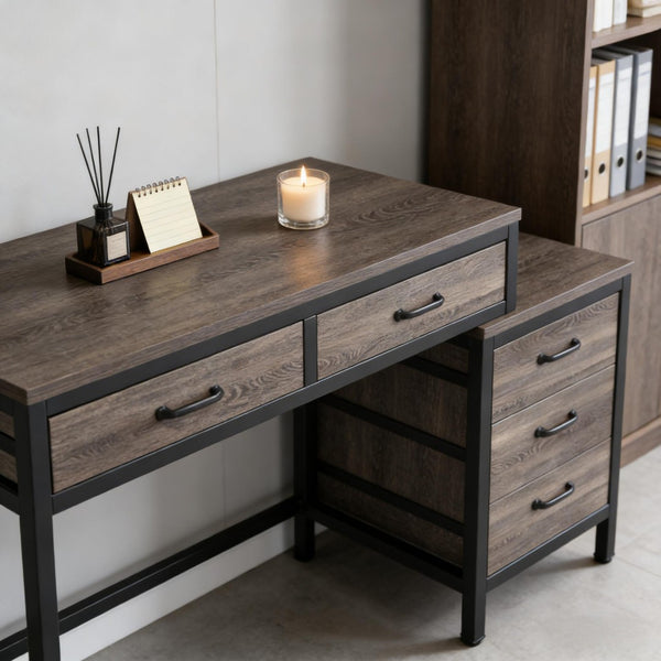 English Elm Office Writing Desk with 5 Drawers Industrial Wood and Black Metal Frame T3971P450665