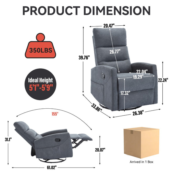 English Elm Manual Swivel Rocker Recliner Chair Upholstered in Fabric for Living Room Comfort W3224P289293