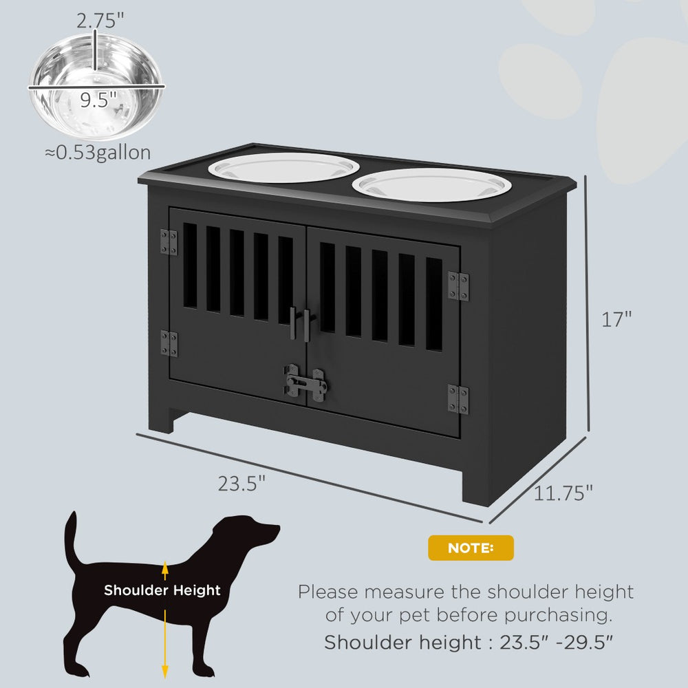English Elm Pet Feeding Station with Raised Stainless Bowls Mdf Stand and Storage Drawer Black T3971P433950