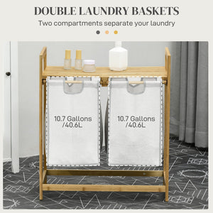 English Elm HOMCOM Bamboo Double Laundry Hamper with 2 Removable 10.7Gal Bags, Top Shelf & Pull-Out Baskets W2225P217083
