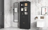 English Elm Tall Bathroom Storage Cabinet, Cabinet With Four Doors and Drawers, Adjustable Shelf, Mdf Board, Black