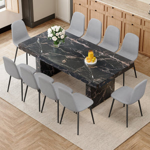 English Elm Table and Chair Set Seats Ten with Marble Pattern Mdf Top and Gray Linen Dining Chairs W1151S03922