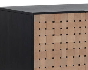 Sunpan Omari Sideboard - Stylish Suede Light Tan Leather with Unique Weaved Design and Matte Black Base Small - 40W x 22D x 31H