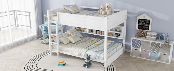 English Elm Queen Over Queen Floor Bunk Bed with Built-In Storage Shelves, USB Charging Station, Solid Pine Frame, Safety Rails and LadderDesigned for Space Saving and Modern Bedrooms White W504S00240