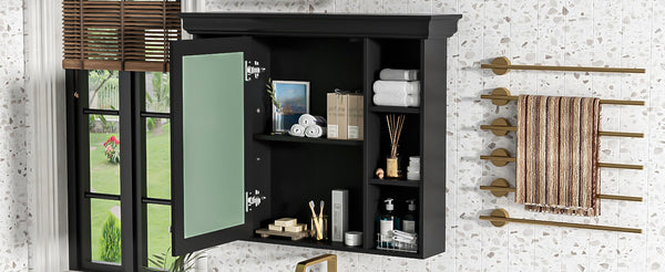 English Elm 35'' 35' 35'' x 28'' Wall Mounted Medicine Cabinet with Mirror Door, Modern MDF Storage with Towel Rod Black N710P196545B