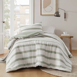 English Elm 2-piece Yarn-dyed Striped Polyester Comforter Set with Seersucker Texture for Year-round Comfort Sage Green B035P463221