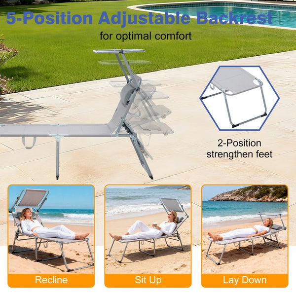 English Elm Folding Outdoor Lounge Chair with Canopy Bungee Mesh Seat and Adjustable Recline W3162P414612