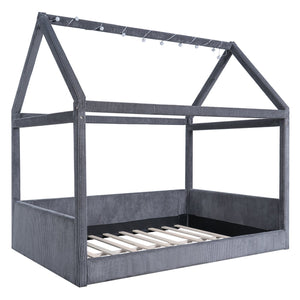 English Elm Full Size Upholstered House Daybed With Led Light Strips, Cozy Grey Corduroy For Stylish Spaces N7500001335E