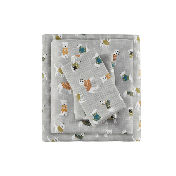 JLA Home True North by Sleep Philosophy - Printed ultra-soft cotton flannel sheet set — brushed warmth, OEKO-TEX certified, cozy winter comfort Grey Dogs TN20-0377