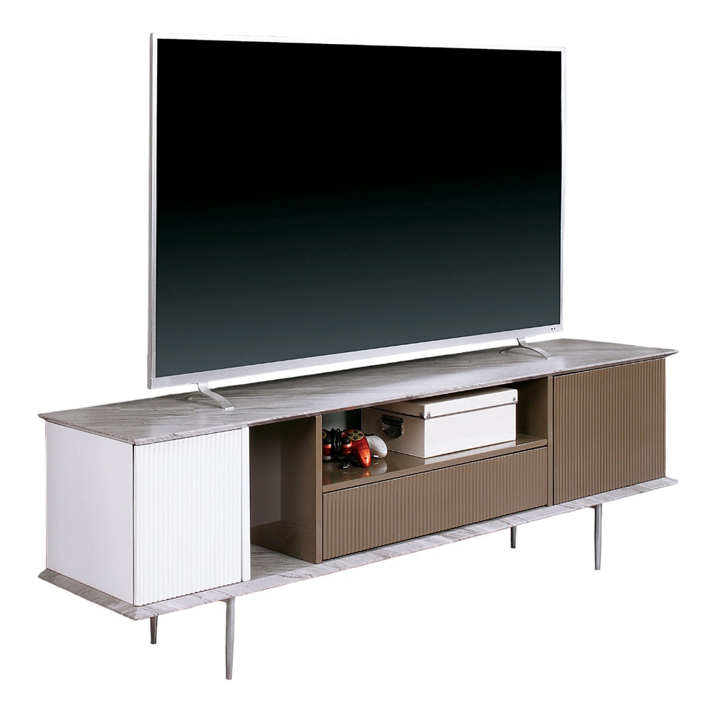 English Elm Modern Multi-Tone TV Console 70" with Open Shelves, Single Drawer, Replicated Marble Top, High-Gloss Finish B2741P361880