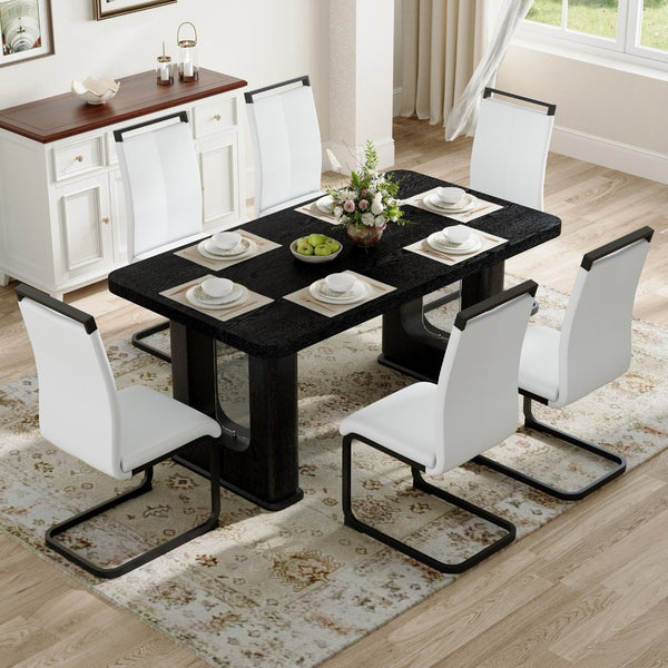 English Elm Table Set 64.5" Stylish Black Wood Dining Table With 6 White Pu Chairs - Modern Elegance For Your Home W1151S04303-GIGA