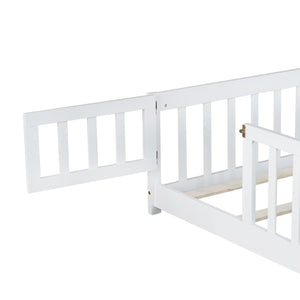 English Elm Twin Solid Rubberwood Floor Bed with Full Perimeter Safety Rails for Toddler Rooms White W504P296786