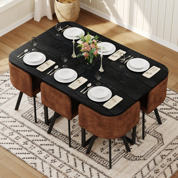English Elm 7 Piece Rectangular Dining Set with Suede Chairs Black Wood Grain Table Modern Rustic W3875S00097